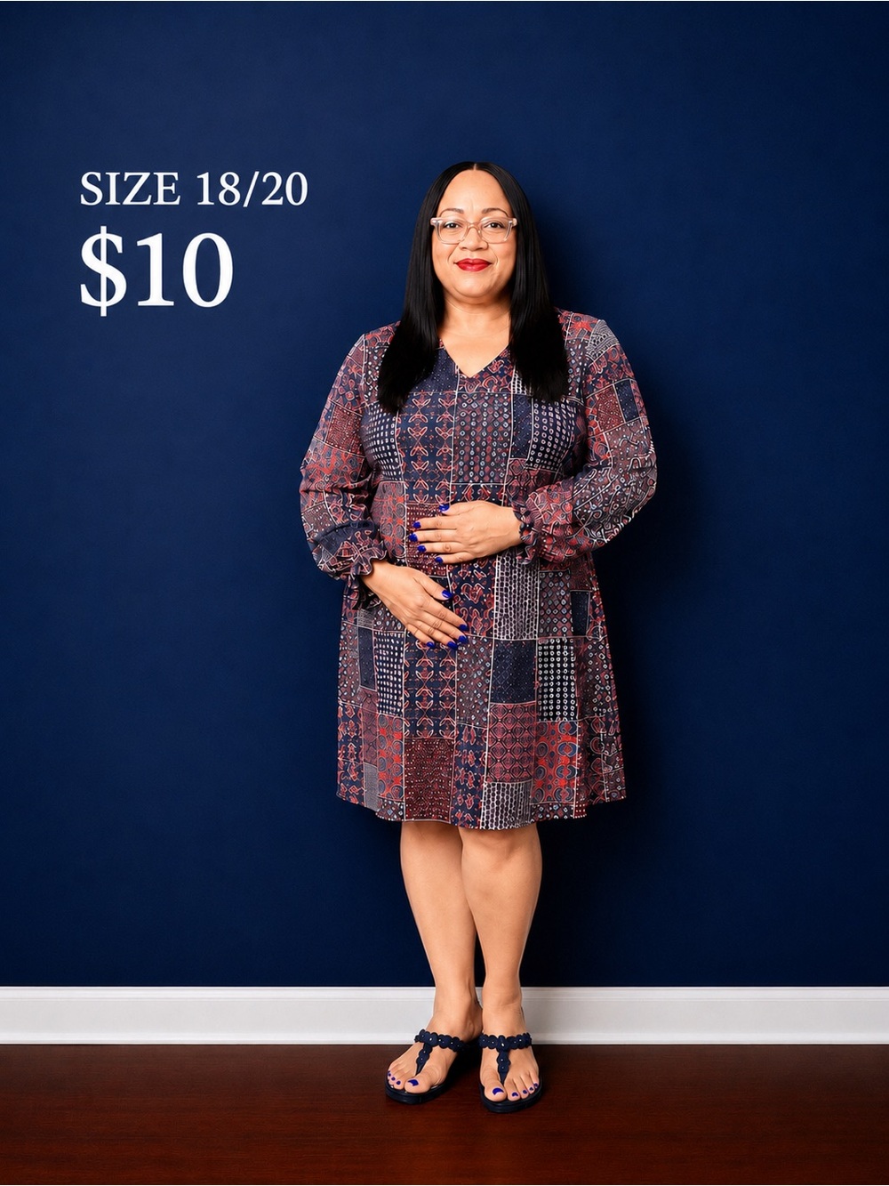Patchwork Print V-Neck Women’s Dress - Size 18/20 - Blue & Red